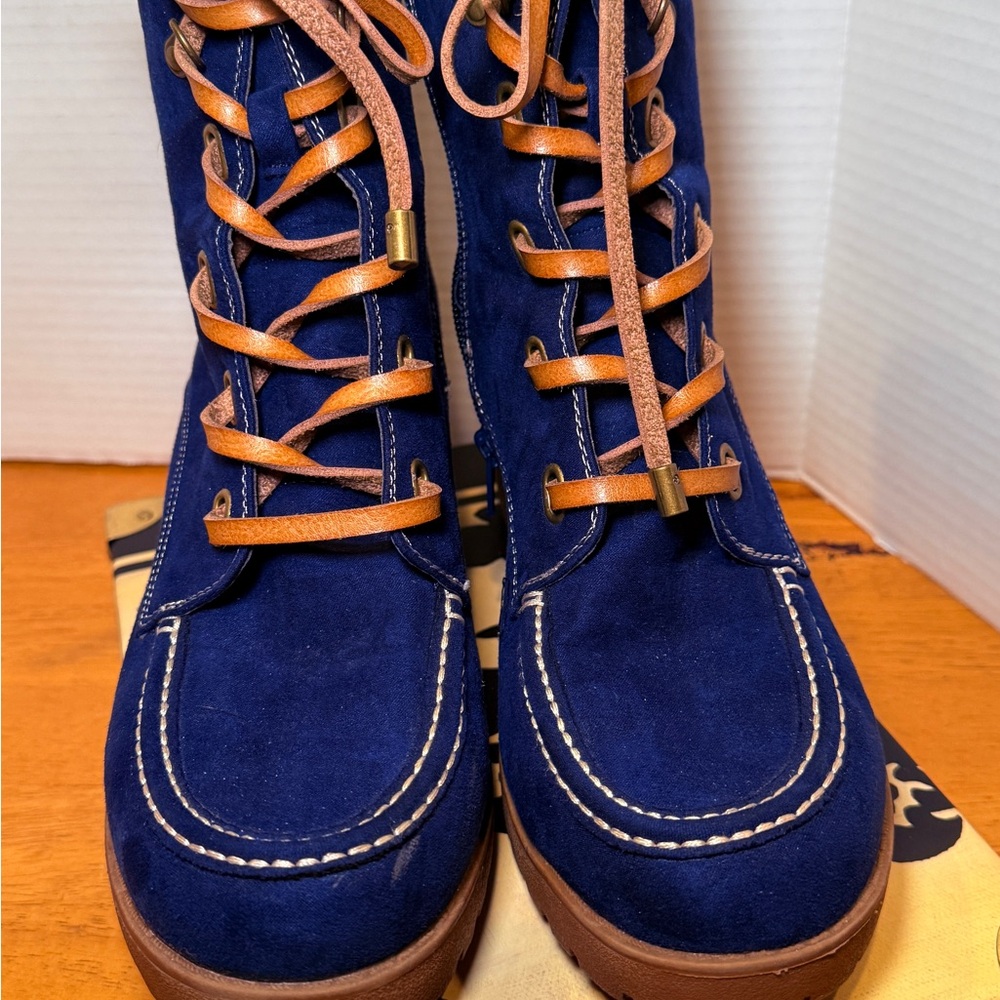 Blue‎ Suede Boots with Tan Stitching